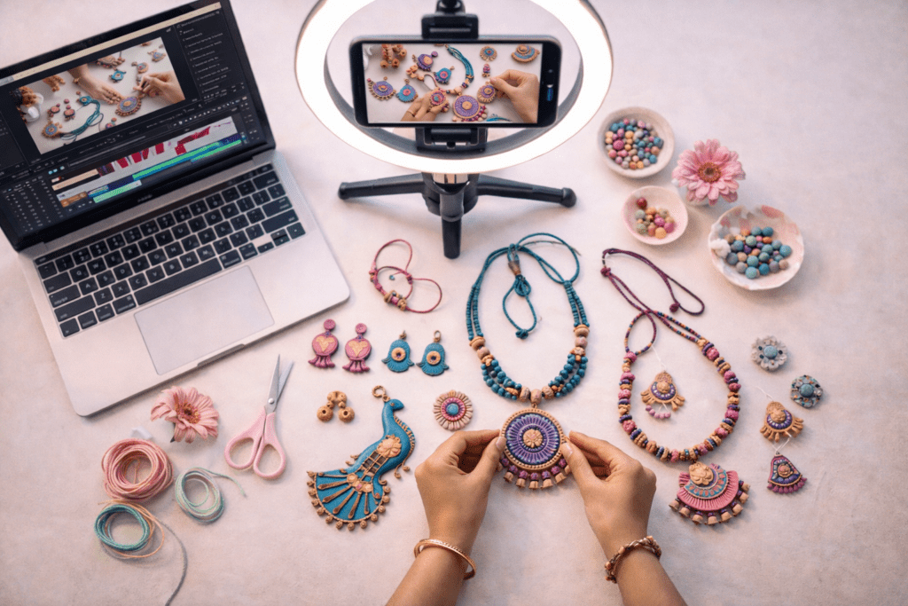 Handmade terracotta jewelry creation process 1