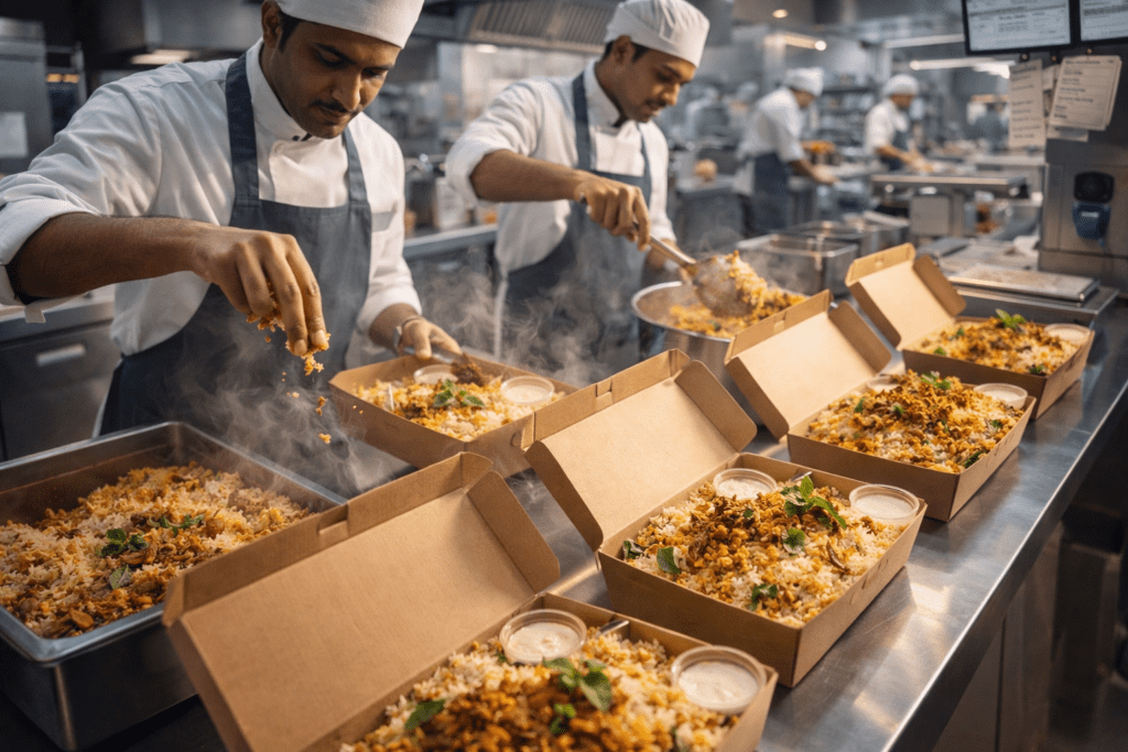 Mumbai's cloud kitchen biryani preparation