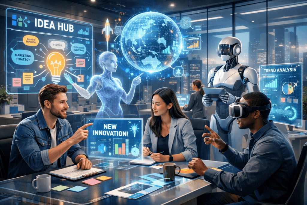 Futuristic office collaboration with AI